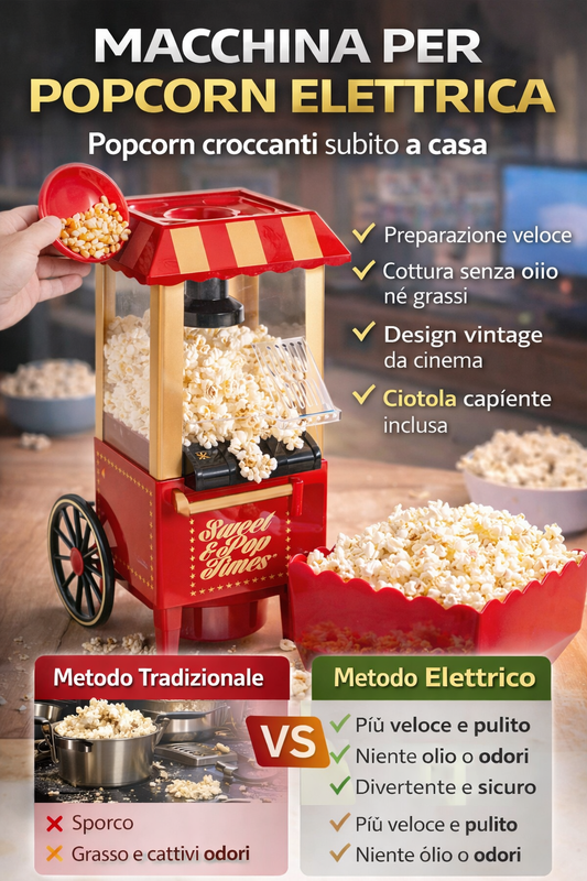 Macchina Popcorn Vintage Professionale | Cinema in Casa in 3 Minuti (Senza Olio)