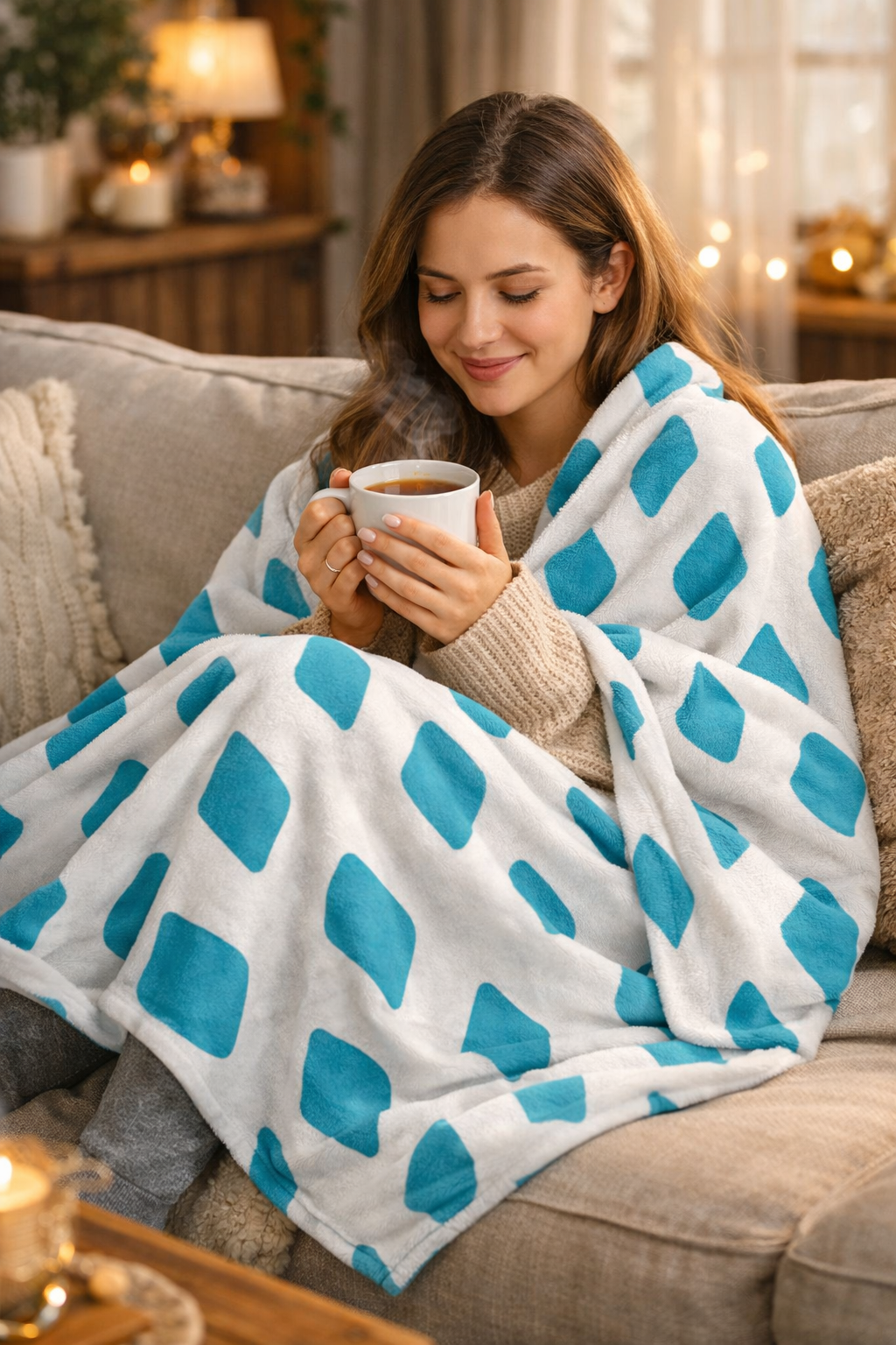 Coperta Morbida Effetto Seta Azzurra e Bianca Disegno Geometrico per Divano e Letto
