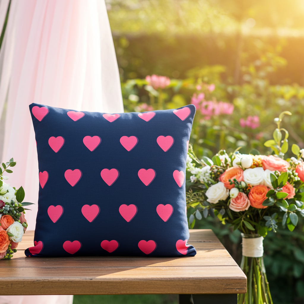 Cuscino Decorativo Premium con Cuori Blu Navy e Rosa — Stampa All Over 55x55 cm | Idea Regalo per il Divano e la Camera