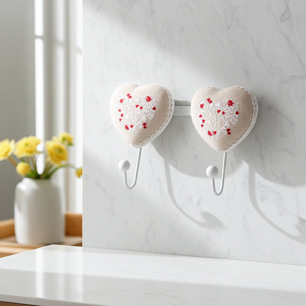 Appendino a Cuore da Parete con 2 Ganci in Metallo Bianco