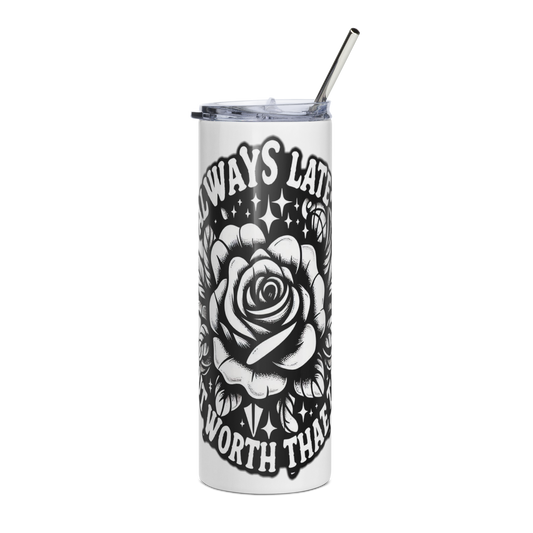 Tumbler termico 600ml rosa tattoo always late but worth the wait dettaglio grafica