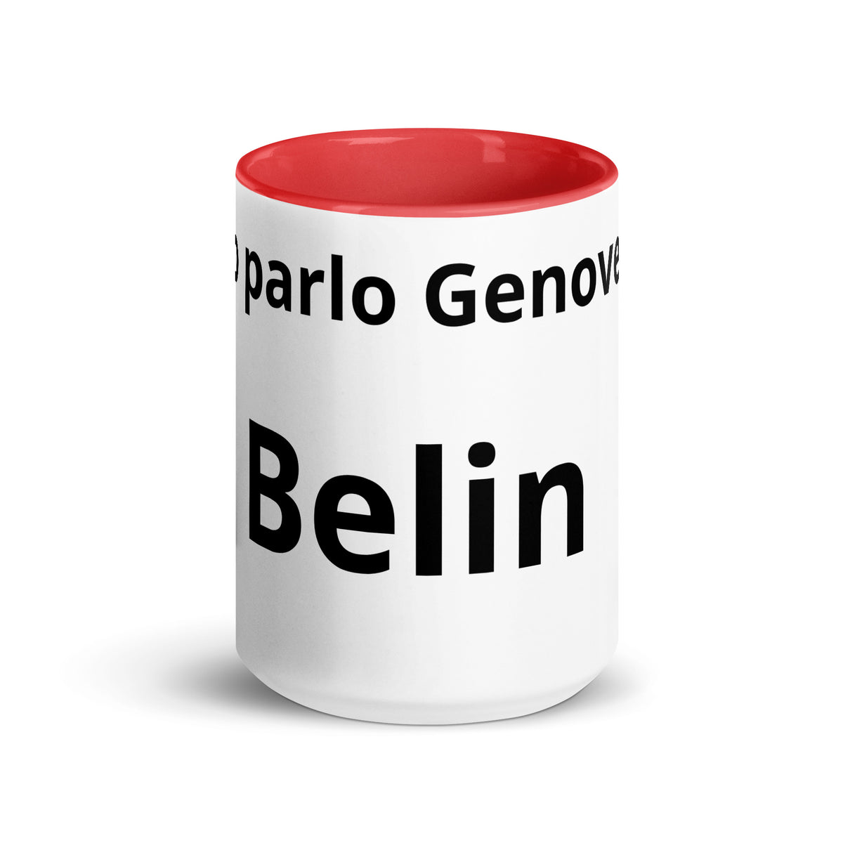 Tazza Belin Io parlo Genovese 15 oz bianca con interno rosso, vista frontale