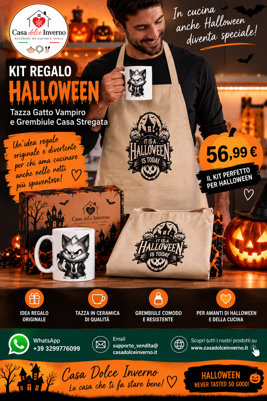 Kit regalo Halloween con tazza gatto vampiro e grembiule casa stregata di Casa Dolce Inverno