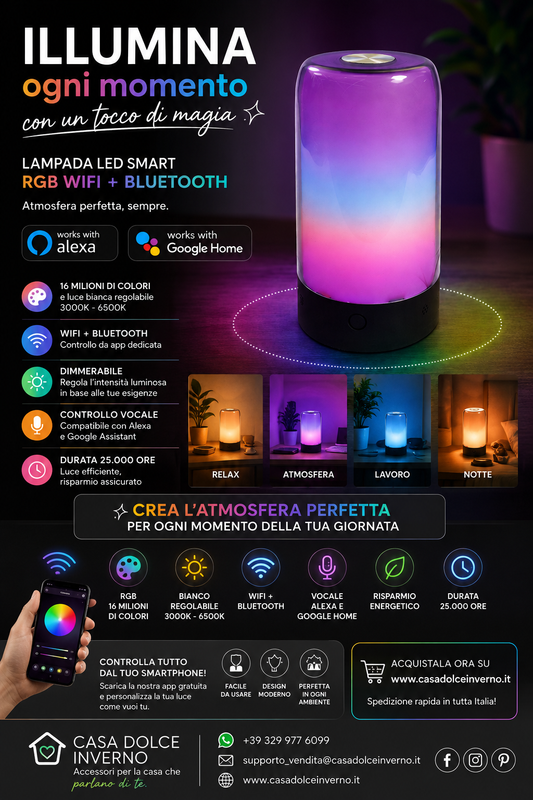 Lampada Smart LED RGB 8W da Tavolo  WiFi, Bluetooth, Alexa e Google Home