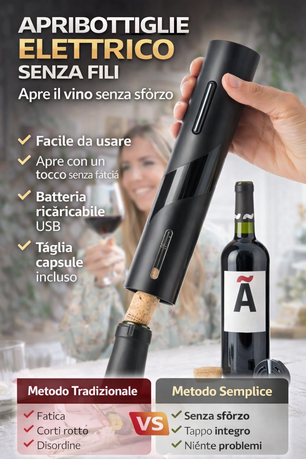 Cavatappi Elettrico per Vino – Apri Bottiglie Automatico Facile e Veloce