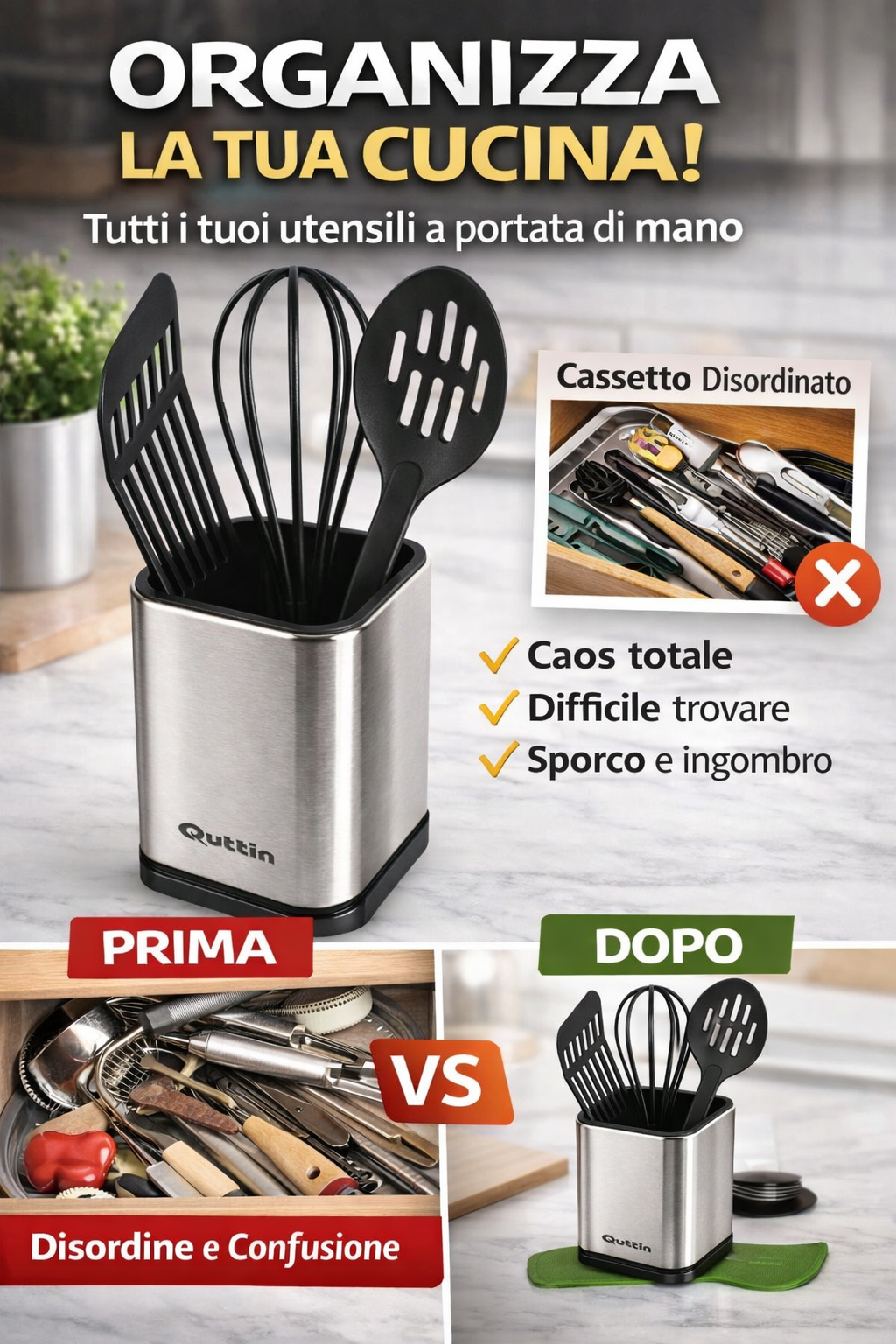 Portautensili da Cucina in Acciaio Inox Quttin – Organizer Cucina Compatto