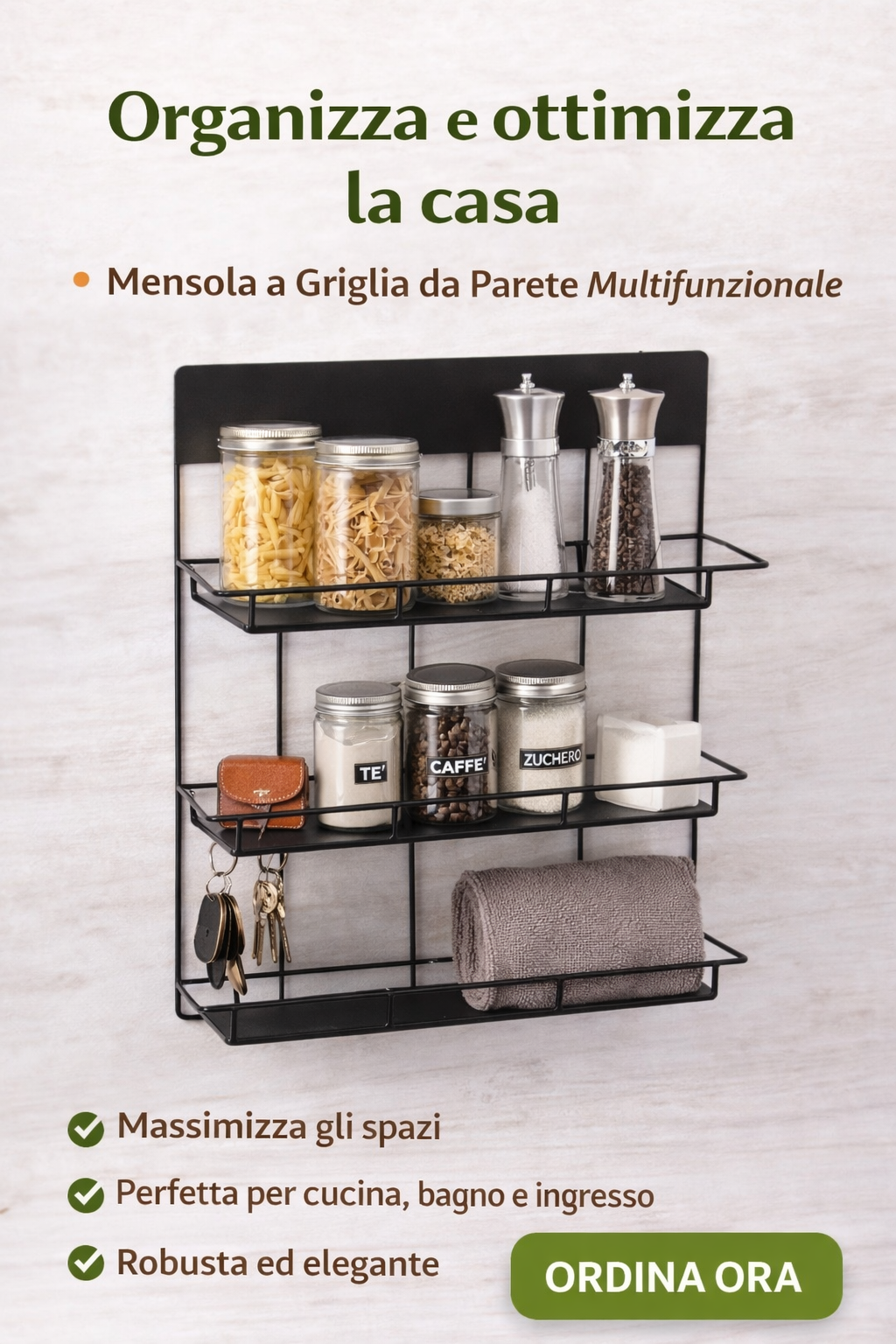 Mensola a Griglia da Parete in Metallo Nero con Portaoggetti