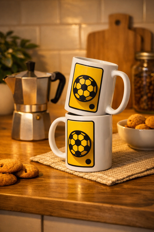 Tazza bianca con disegno personalizzato di pallone di calcio e cartolino Giallo
