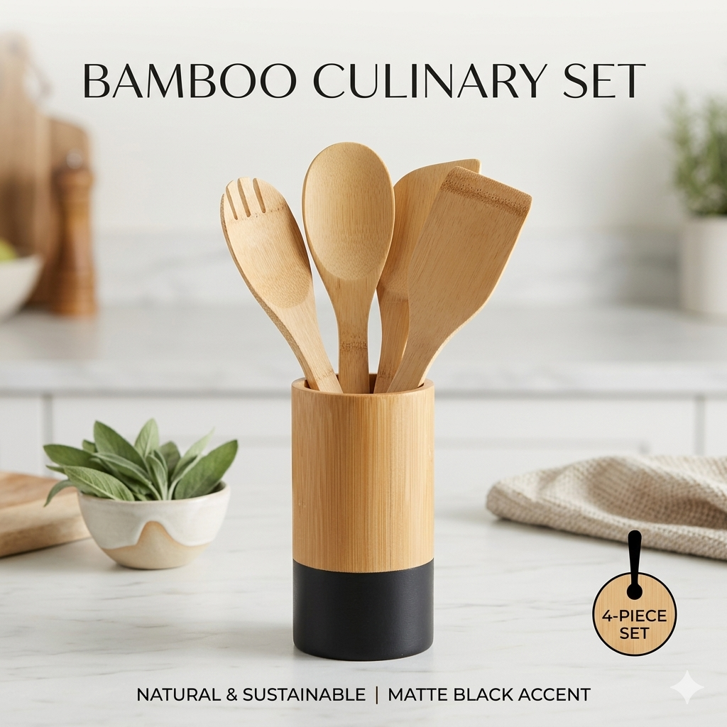 Portautensili Cucina in Bambù con 3 Utensili