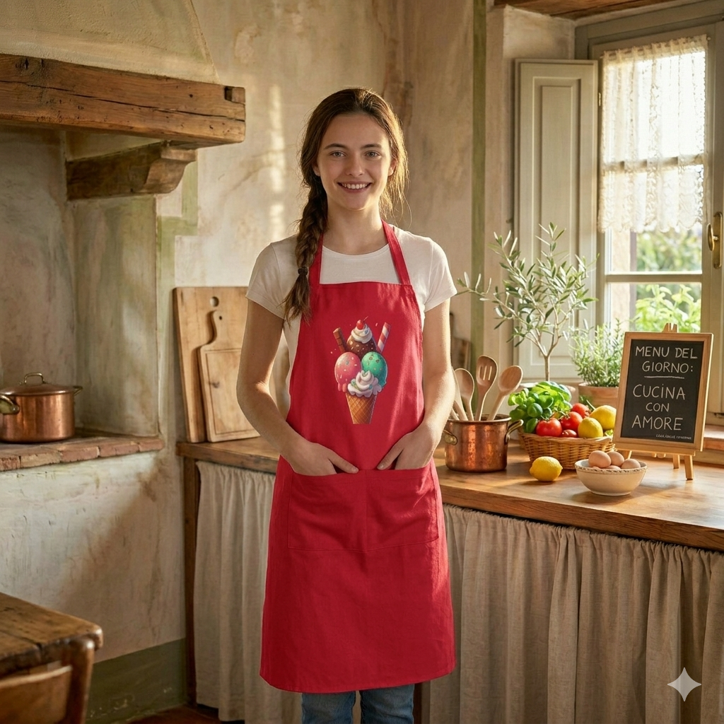 Grembiule Rosso Da Cucina in Cotone Con Disegno Personalizzato