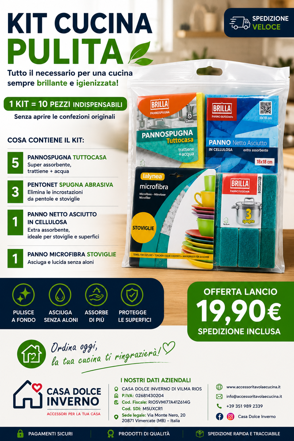 Kit Pulizia Cucina Completo, Spugne Abrasive e Panni Assorbenti, 10 Pezzi