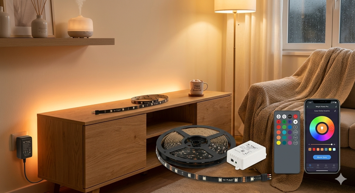 Striscia LED RGB V-TAC 5 Metri 60 LED/m RGB 5m Compatibile con Magic Home Pro con Telecomando e Alimentatore