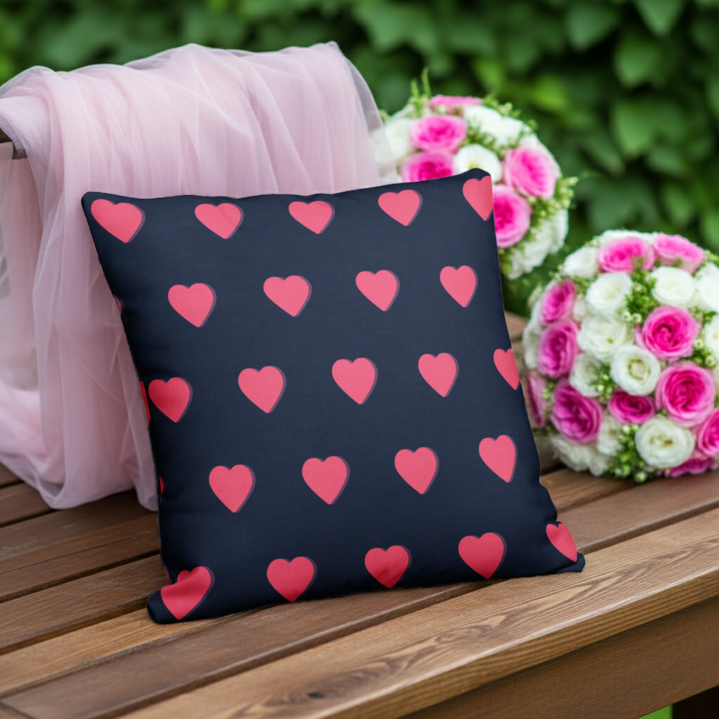 Cuscino Decorativo Premium con Cuori Blu Navy e Rosa — Stampa All Over 55x55 cm | Idea Regalo per il Divano e la Camera