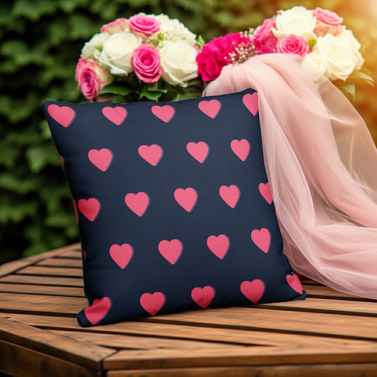 Cuscino Decorativo Premium con Cuori Blu Navy e Rosa — Stampa All Over 55x55 cm | Idea Regalo per il Divano e la Camera