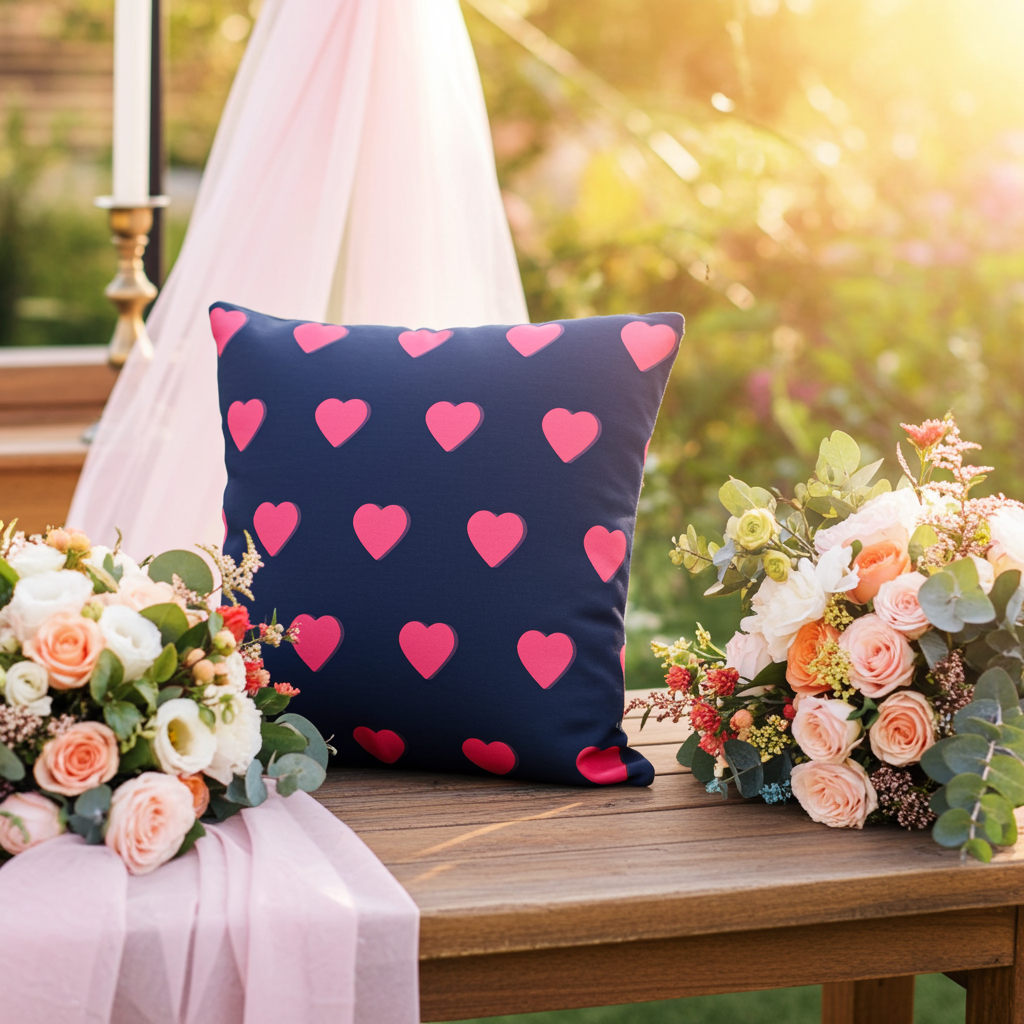Cuscino Decorativo Premium con Cuori Blu Navy e Rosa — Stampa All Over 55x55 cm | Idea Regalo per il Divano e la Camera
