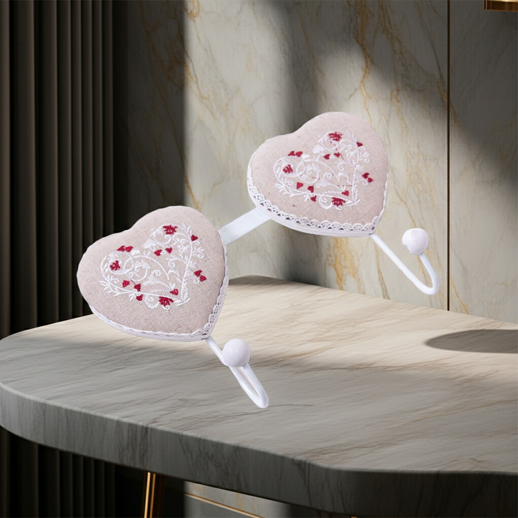 Appendino a Cuore da Parete con 2 Ganci in Metallo Bianco