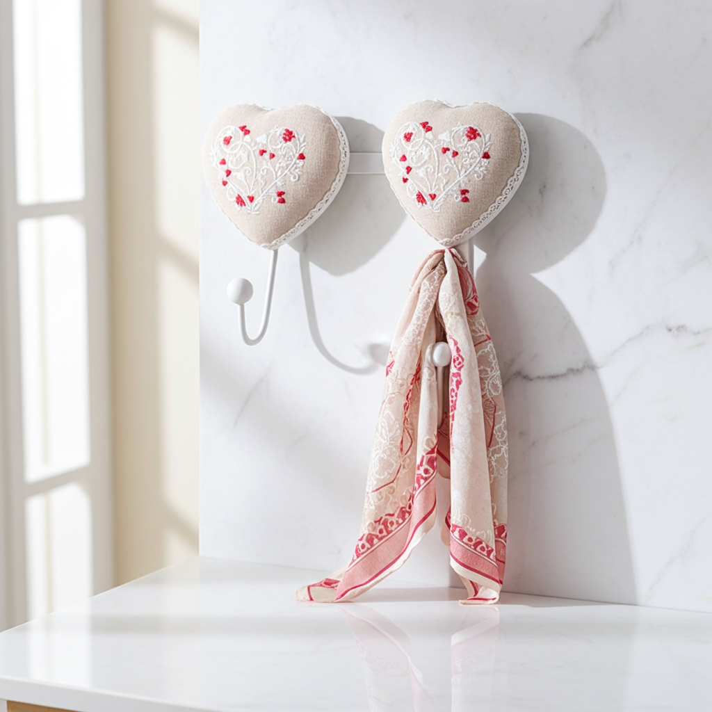 Appendino a Cuore da Parete con 2 Ganci in Metallo Bianco
