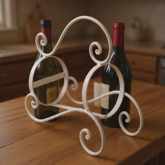 Portabottiglie Singolo in Metallo Bianco Shabby Chic con Decorazioni — Porta Vino da Tavolo Elegante | Idea Regalo Vino