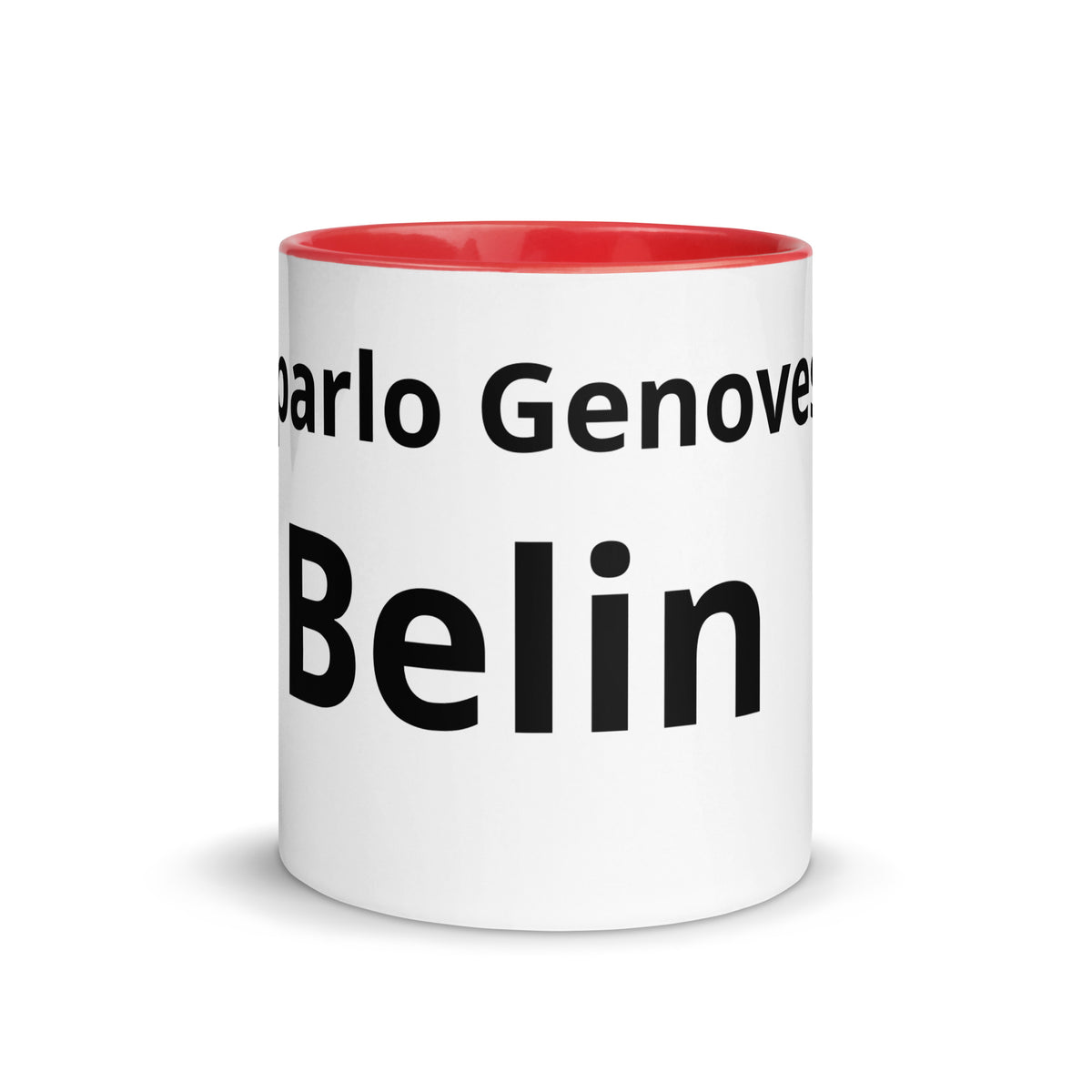 Tazza Belin Io parlo Genovese 11 oz bianca con interno rosso, vista frontale